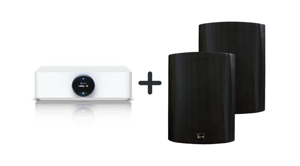 AudioDeal UniFi PowerAmp & 2x TruAudio OL-70V-6BK Outdoor Speaker (White-Black Edition)