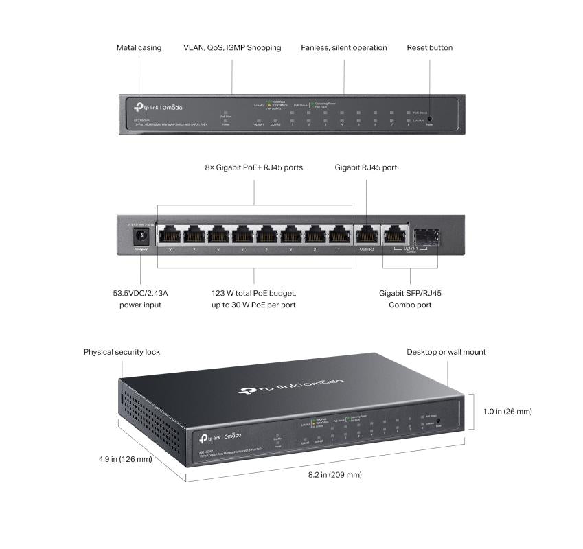 Omada ES210GMP - 10-Poorts GbE PoE+ Switch, 123W PoE budget