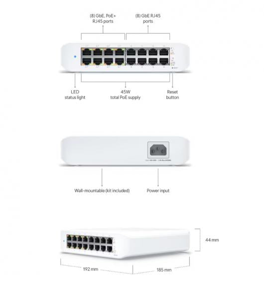 UniFi Switch Lite - 16 poort, 45W PoE budget