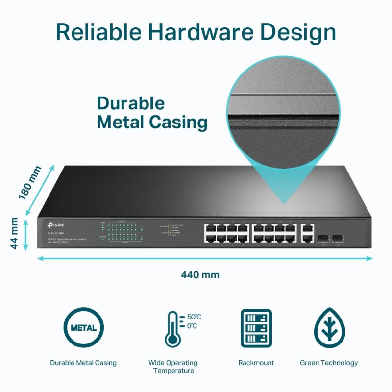 TL-SG1218MP - 18-poorts GbE PoE+ switch, 250W PoE budget