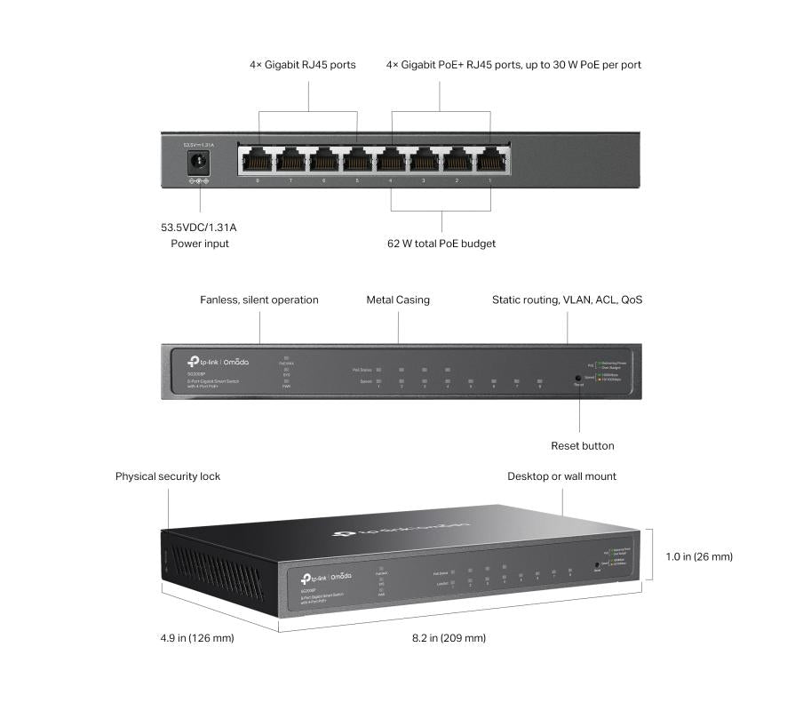 Omada TL-SG2008P - 8-poort GbE PoE+ switch, 62W PoE budget