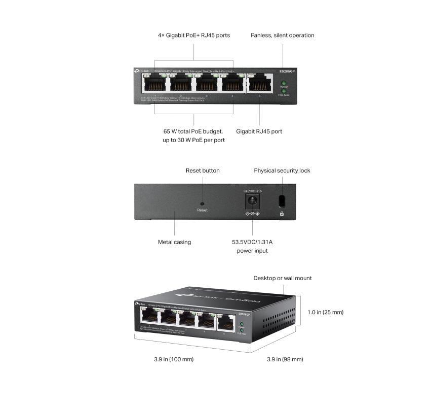 Omada ES205GP - 5-Port GbE PoE+ switch, 65W PoE budget